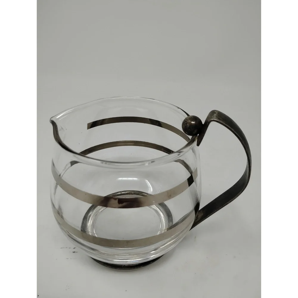 Minimalist Retro Vintage MCM Glass Creamer Pitcher Silver Tone Metal Base 3in